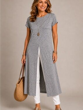NENE - Heather Gray Short-Sleeve Split Front Tunic -SzS